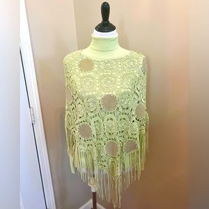 Lime green Boho crocheted poncho w suede patches O/S